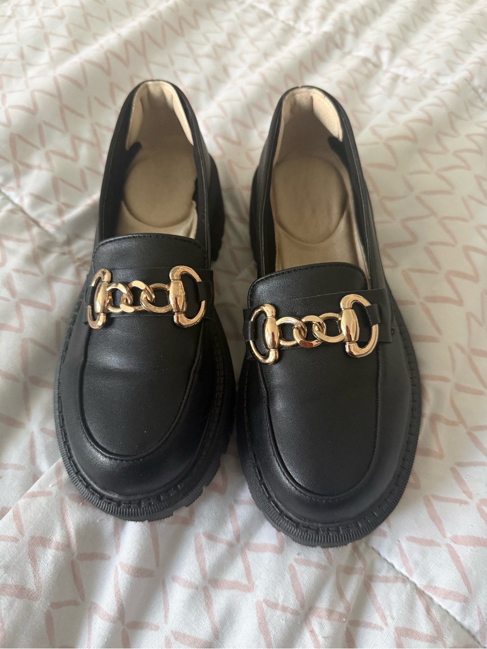 Black Faux-Leather Loafers with Gold Chain Accent